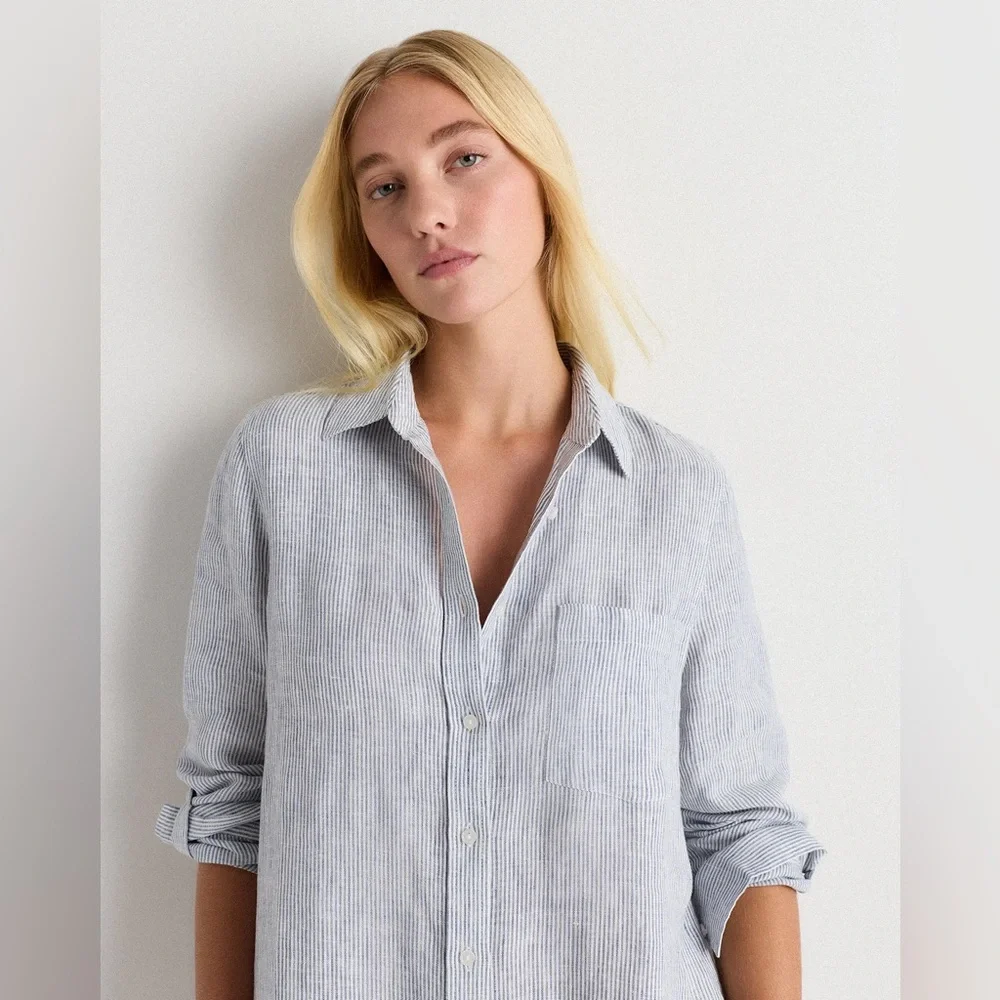 NWT Quince Women’s 100% European Linen Shirt Dress – Blue Pinstripe (Size S) - Picture 5 of 9
